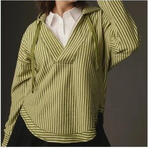 Anthropologie Pilcro Wharfside Hooded Sweatshirt Green Cream Striped